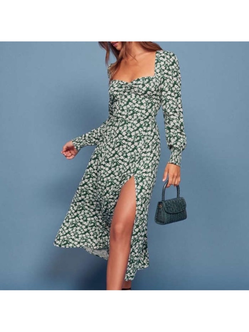 Reformation Belvedere Wallflower Long Sleeve Midi Dress Green White Sz 6 NEW - Picture 2 of 14